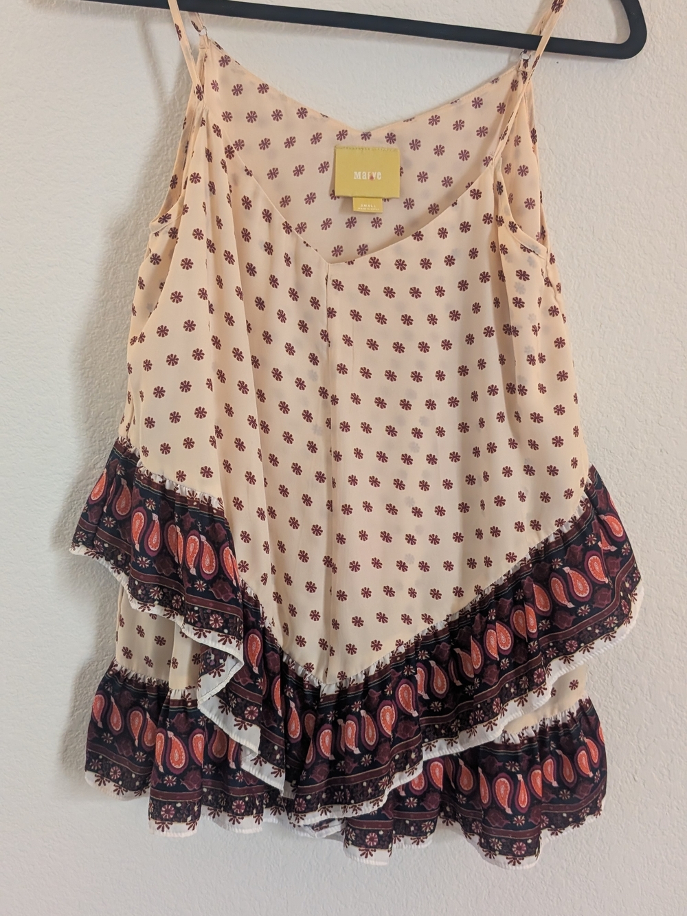 Anthropologie Cream Paisley Tiered Silk Camisole with Rust Accents